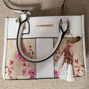 Aldo White and Pink Floral Tote with Tassels